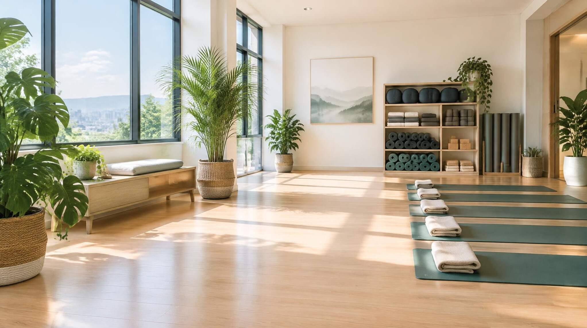 Bright and welcoming wellness studio interior with plants and natural light
