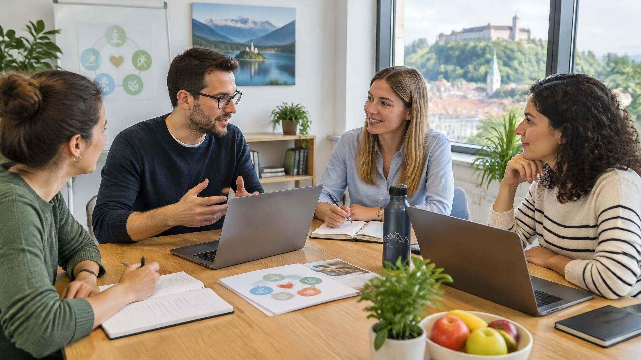 Small team discussing a health program around a bright office table