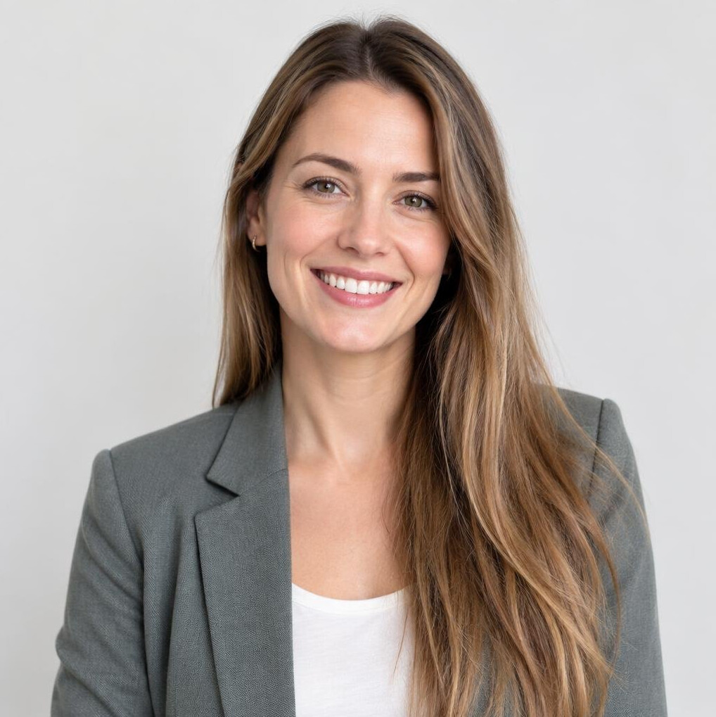 Studio portrait of a smiling woman with long hair in casual business attire