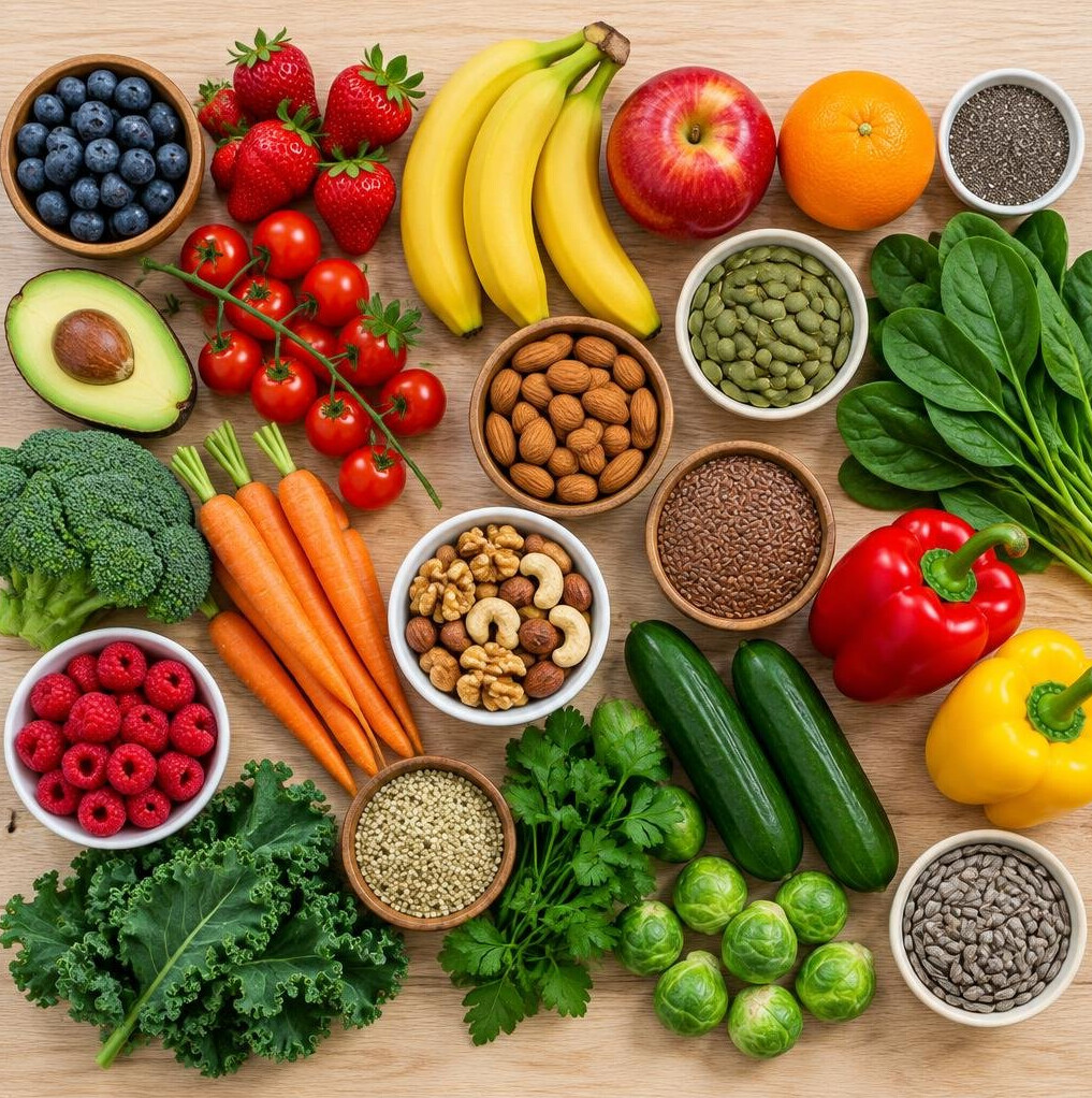 Flat lay of colorful fresh fruits, vegetables and nuts on a table