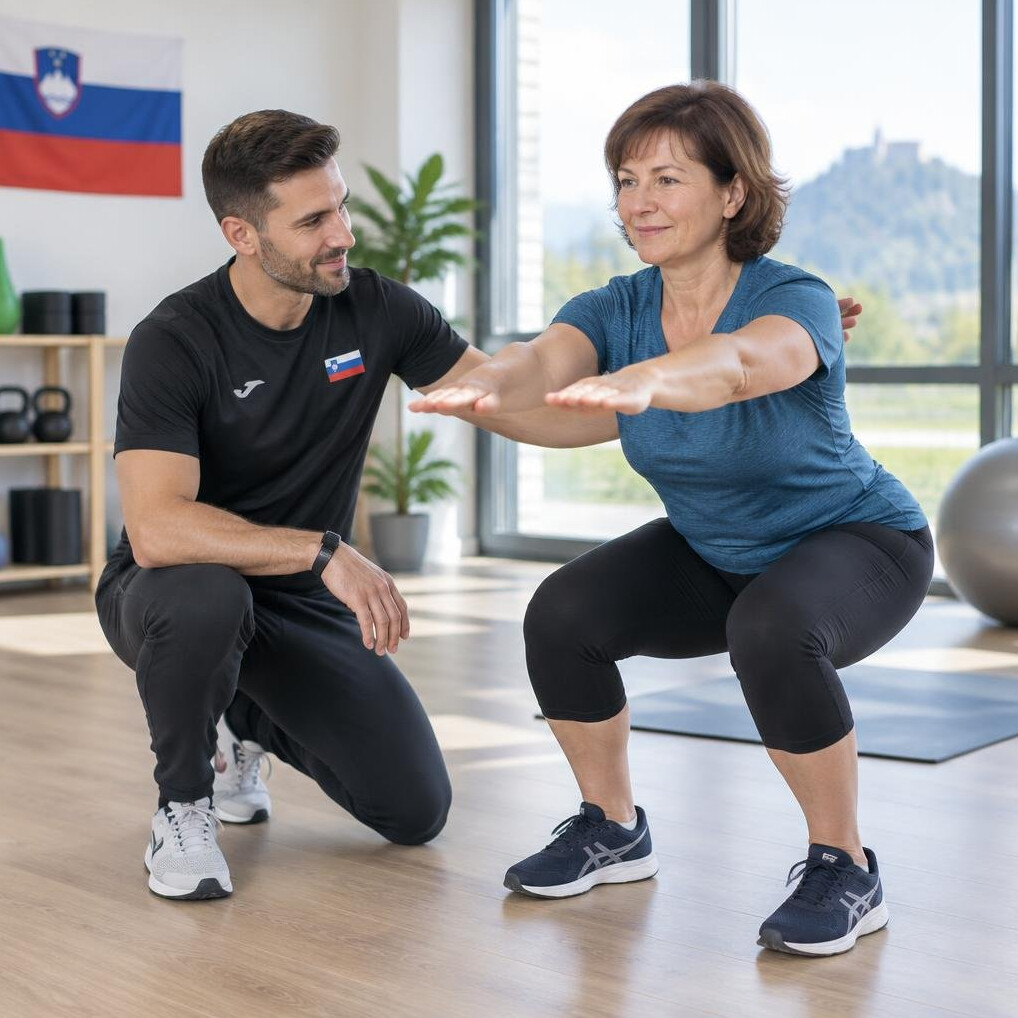 Fitness coach guiding a client through a simple movement exercise