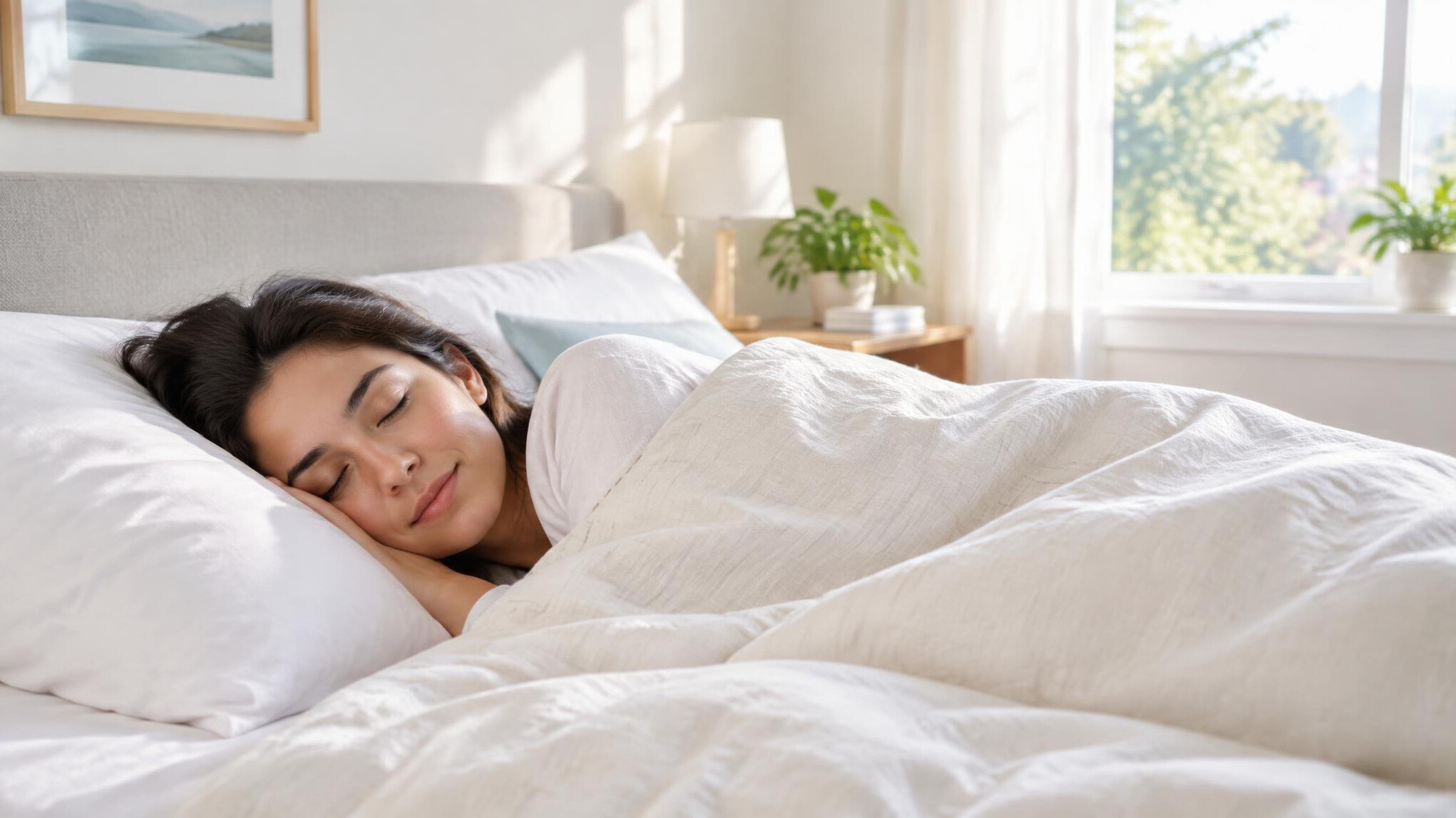Person sleeping peacefully in a bright bedroom with soft morning light