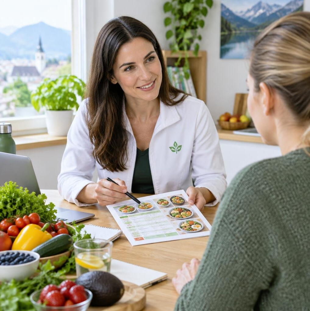 Nutrition coach explaining a meal plan to a client at a bright table
