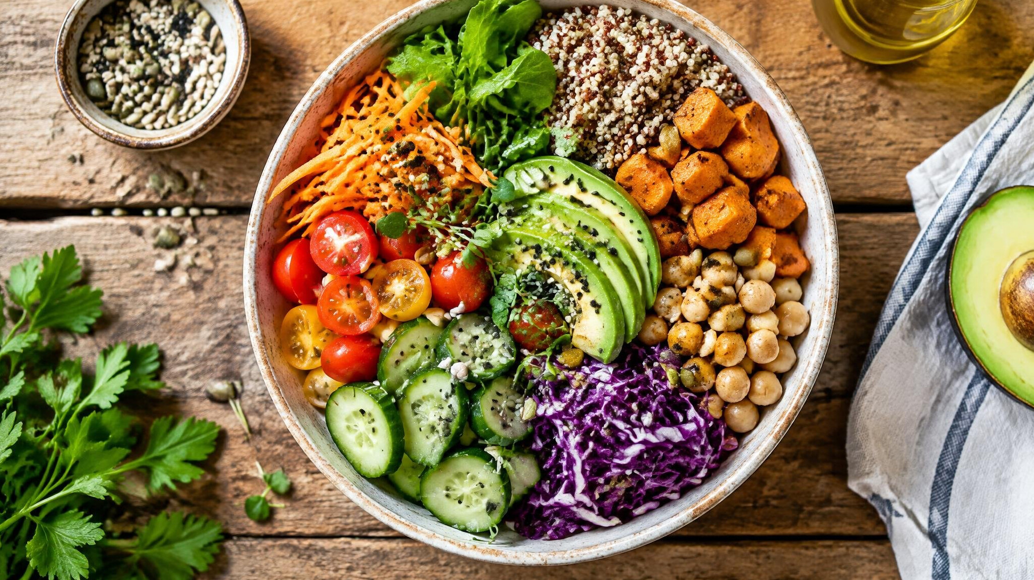 Colorful bowl of fresh vegetables and grains on a wooden table