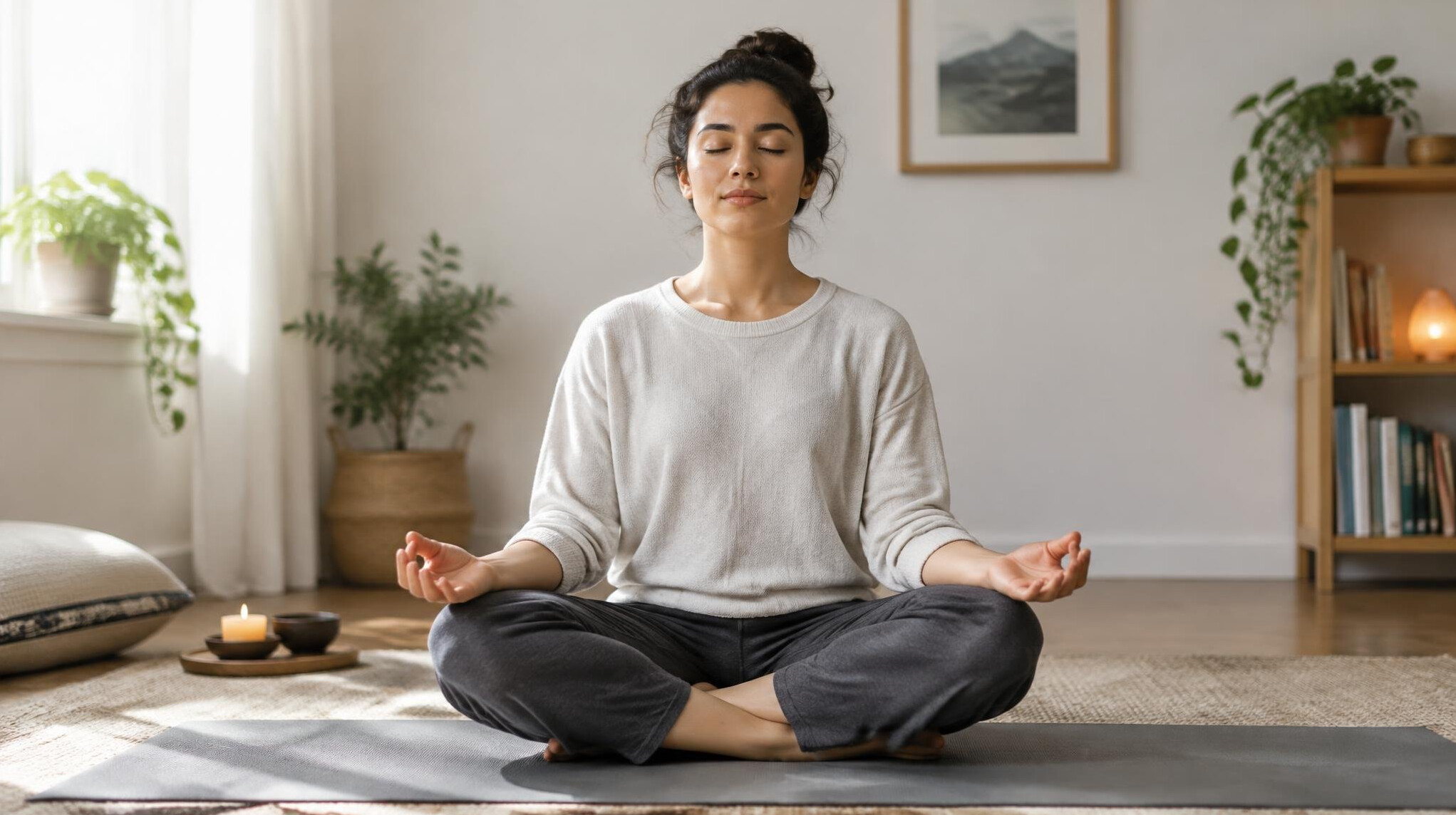 person meditating in quiet room
